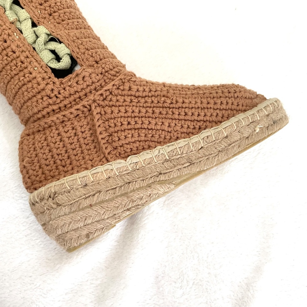 LIVS Crochet Knee High Espadrille Boots Tan Lace Up Boho Cottagecore Size 7 - Picture 7 of 15